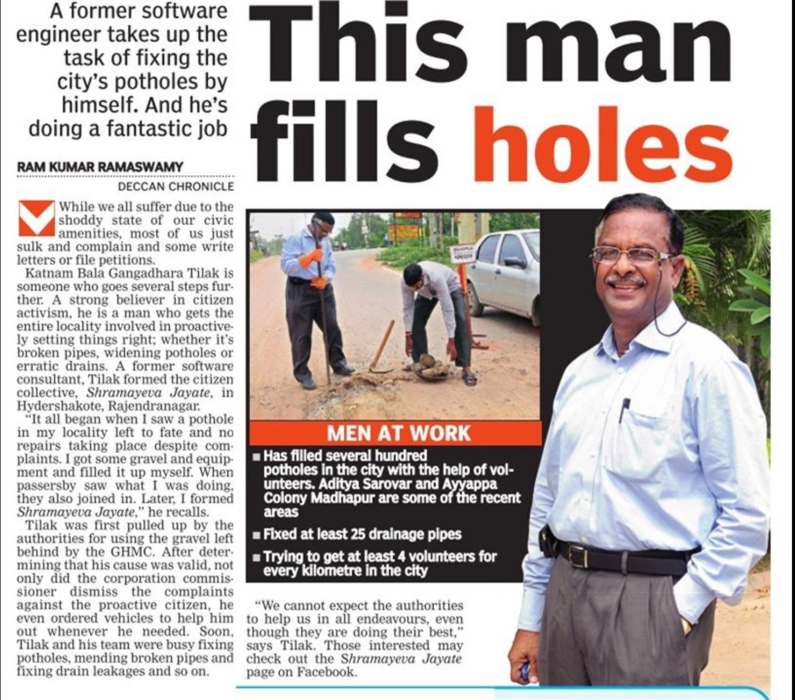 Deccan Chronicle feature titled This man fills holes, showing Gangadhara Tilak Katnam and volunteers repairing a road